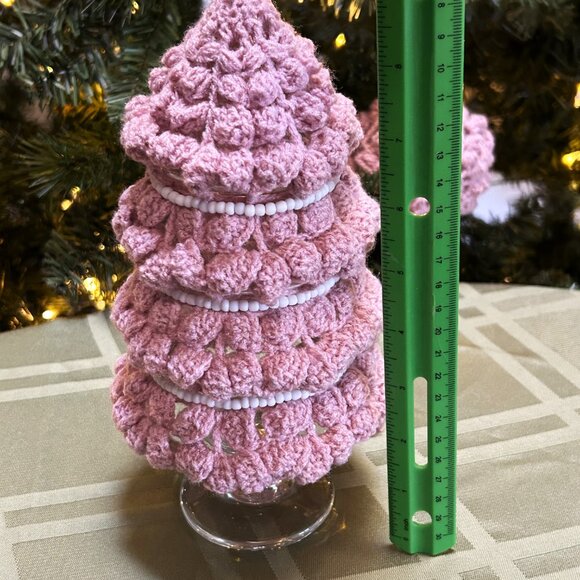 Pink Crochet Christmas Tree, Hand Made Crochet & Beads over Vintage Glass Tree